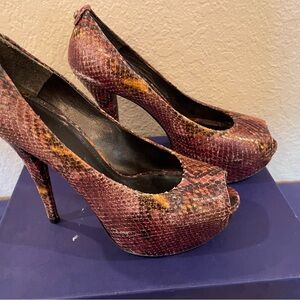Stuart Weitzman Brown and Orange Peep-Toe Heels